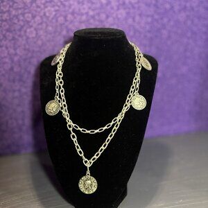 Vintage Silvertone Double Strand Roman Coin Necklace Statement  Jewelry B105